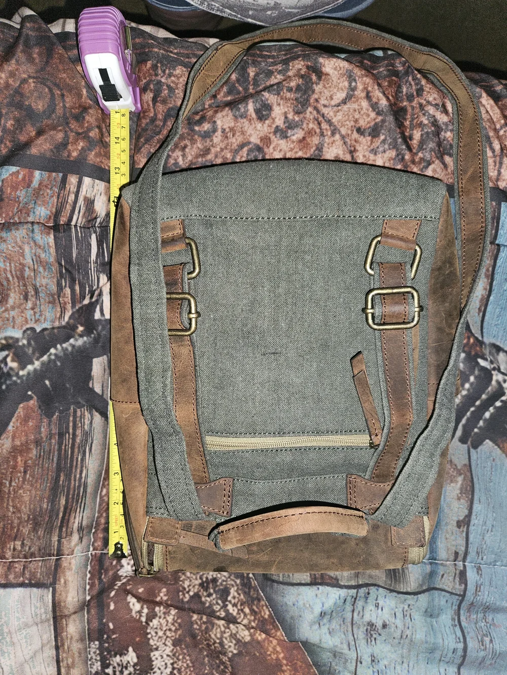 Myra Bag Olive Green Canvas Backpack with Brown Leather Trim